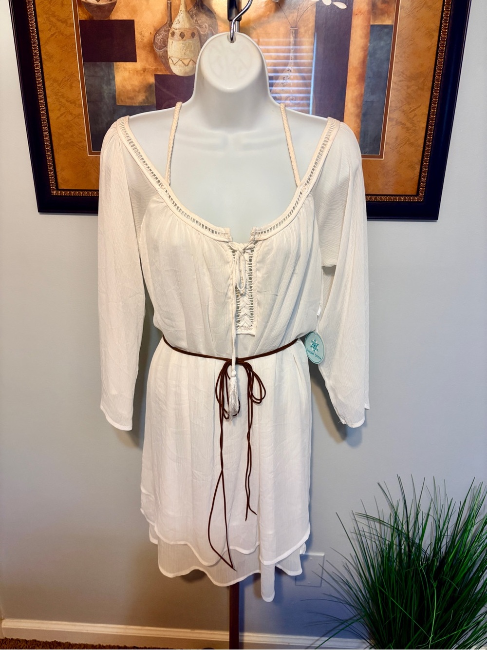 Purple Snow Cream Tie-Front Mini Dress with Braided Belt